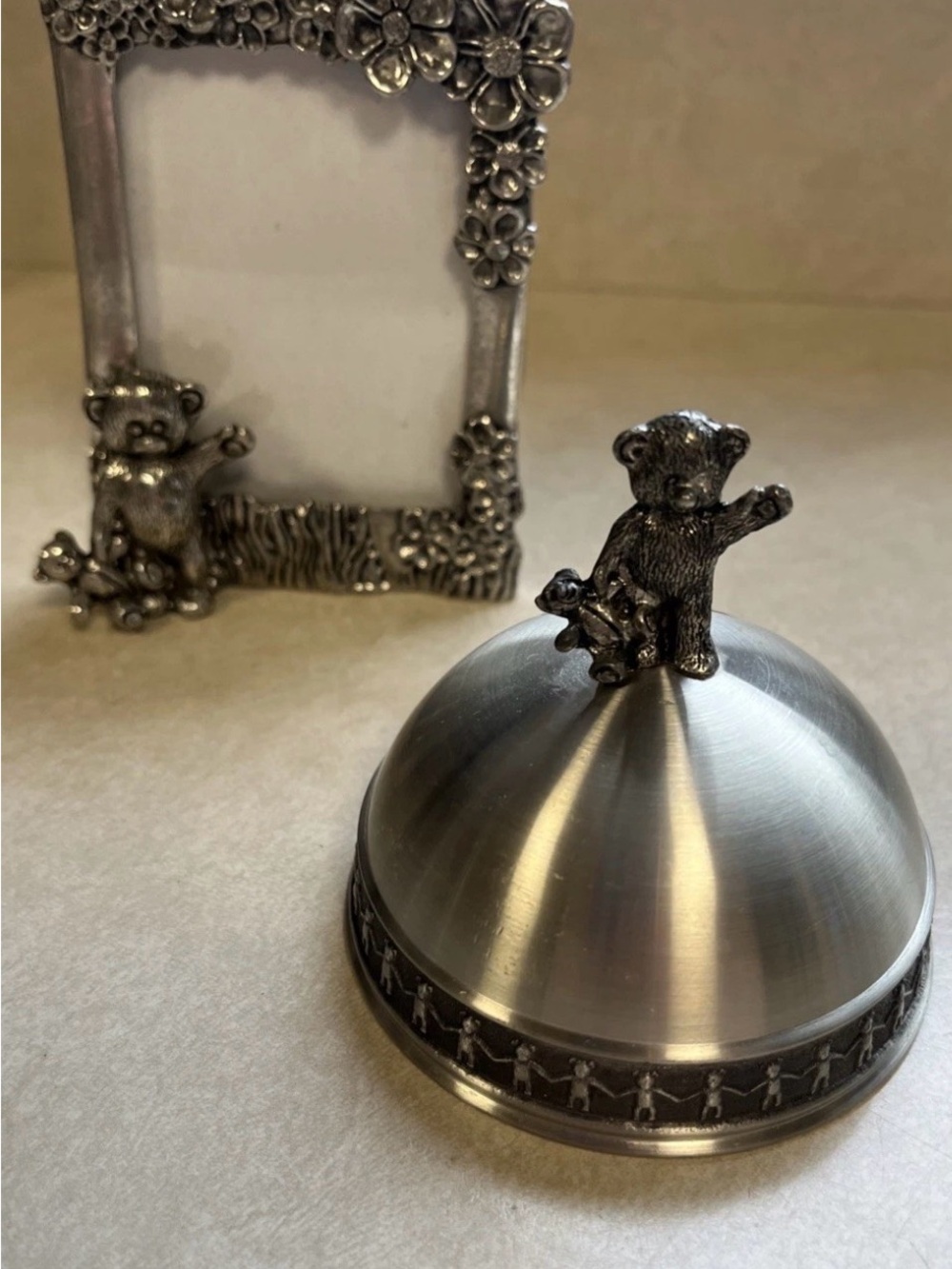 Vintage Pewter Metal Flower border Teddy Bear  Baby Picture Frame & Bank Set